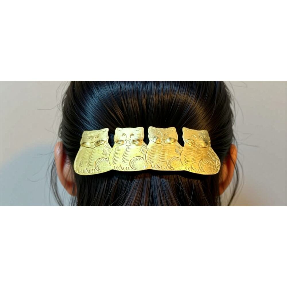 Vintage Cat Barrette Silver Tone Stamped Steel 1980s Hair Clip 9g